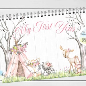 Woodland Animals First Year Baby Keepsake Calendar, Pink First Year Calendar with Milestone Stickers, BLANK Calendar, Baby Shower Gift