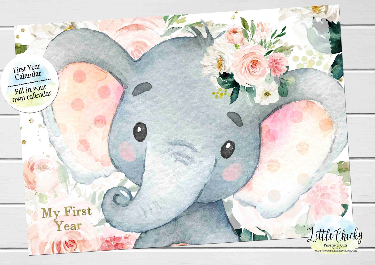 First Year Baby Keepsake Calendar Pink Elephant First Year Etsy