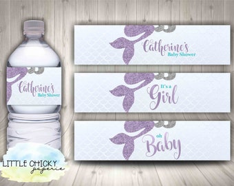 Mermaid Baby Shower Water Bottle Wrappers, Printable Teal and Lavender Mermaid Water Bottle Wrappers