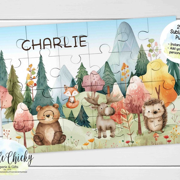 Woodland Animals 24pc Puzzle, Puzzle Sublimation Design, INSTANT DOWNLOAD, Add your own Personalization, Children's Gift, DIY Puzzle