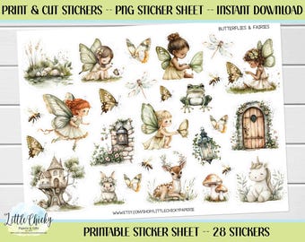 Printable Stickers - Fairies and Butterflies PNG Stickers, Print and Cut Stickers, Digital Download, Journal Stickers, Scrapbook Stickers
