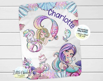 Personalized Mermaid Blanket, Soft Minky Baby Blanket, Baby Shower Gift, New Baby Gift, 50"x60" Baby Blanket, Personalized Blanket