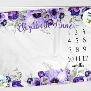 Personalized Purple Floral Baby Milestone Blanket, Monthly Photo Blanket, Personalized Milestone Blanket, Keepsake Blanket, Baby Gift