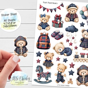 Puede incluir: Una hoja de pegatinas con ilustraciones de acuarela de osos de peluche con trajes de cuadros, globos, estrellas y un tren. La hoja incluye el texto "Sticker Sheet A6 Sheets 10,4x14,7cm" y la marca "Little Chicky Paperie & Gifts."