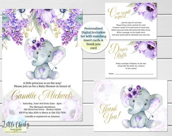 May include: A baby shower invitation set featuring a watercolor illustration of a gray elephant with purple accents and floral details. The set includes an invitation, a thank you card, and a diaper raffle card, all with gold text.