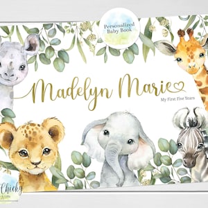 Safari Animals Baby Keepsake Journal, Jungle Animals Baby Book, Elephant, Lion, Giraffe, Zebra, Rhino Milestone Stickers, Baby Shower Gift