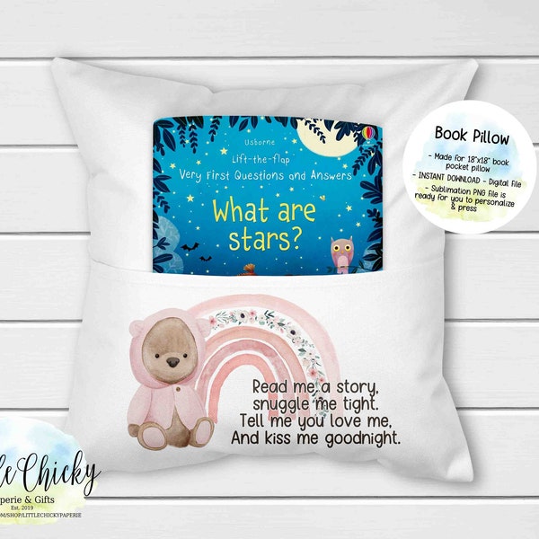 Pink Boho Rainbow Bear Book Pillow Digital Sublimation Design, Sublimation PNG File, Instant Download, Read me a story, snuggle me tight