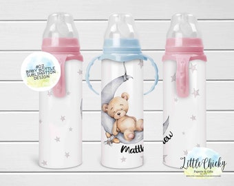 Teddy Bear 8oz Baby Bottle Sublimation Design, Sleeping Teddy Bear Moon & Stars Sublimation PNG File, Instant Download, Tumbler Template