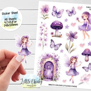 Feuille d'autocollants - Stickers d'agenda mauves, fées du jardin, autocollants aquarelles, autocollants de scrapbooking, autocollants de carnet de notes, autocollants bébé