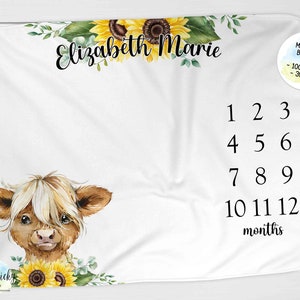 Highland Cow Milestone Blanket, Monthly Photo Blanket, Personalized Milestone Blanket, Milestone Blanket, Baby Shower Gift, New Baby Gift