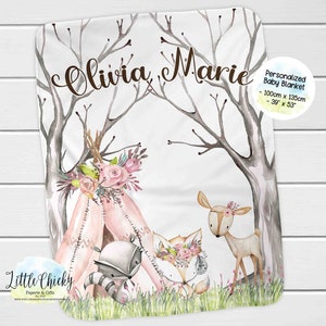 Personalisierte rosa Wald Baby Decke, Waldtiere Decke, Wald Kinderzimmer, Wald Krippe Bettwäsche, Babypartygeschenk, Taufe Geschenk