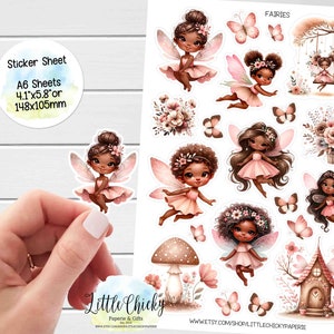 Foglio di adesivi - Adesivi con fate afroamericane, adesivi per planner, adesivi per album, fate rosa, adesivi per diari, adesivi per bambini