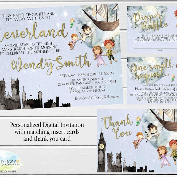Peter Pan Baby Shower invitation Set with Thank you Card, Diaper Raffle Card, Books for Baby Card, Digital Invitation Set, Printables