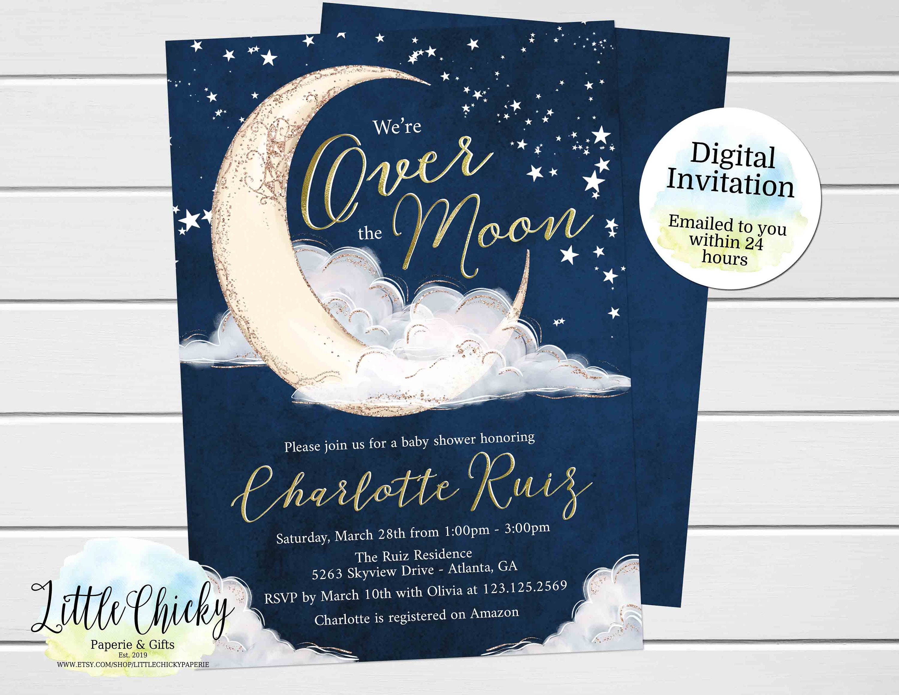 Over the Moon Baby Shower Invitation Moon Stars Printable