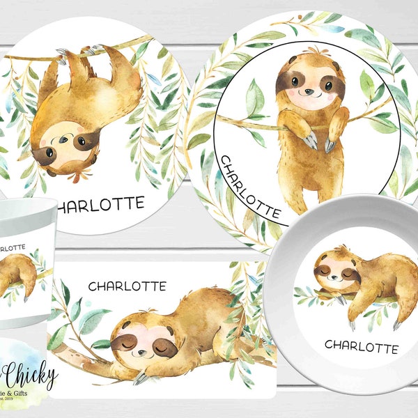 Sloth Children's Plate set, Personalized Sloth Plate, Cup, Melamine Plate, Birthday Gift, First Birthday, Baby Gift, Boy Gift, Girl Gift