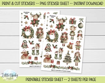 Printable Stickers - Christmas Elves Stickers, Print & Cut Sticker, Digital Download, Holiday Stickers, Journal Stickers, Scrapbook Stickers