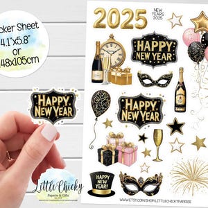 Foglio di adesivi - Adesivi di Capodanno 2025, Adesivi per planner, Adesivi per album, Adesivi per diario, Adesivi di Capodanno neri e oro