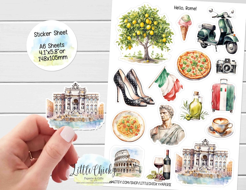 May include: A sheet of stickers featuring watercolor illustrations of Italian landmarks, food, and culture. The stickers include the Trevi Fountain, the Colosseum, a Vespa scooter, pizza, pasta, wine, and a lemon tree. The sheet is 4.1 inches by 5.8 inches or 148 millimeters by 105 millimeters. The text "Hello, Rome!" is at the top of the sheet.