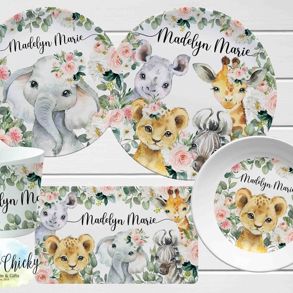 Floral Safari Animals Children's Plate set, Pink Safari Personalized Plate, Cup, Melamine Plate, Birthday Gift, First Birthday, Baby Gift