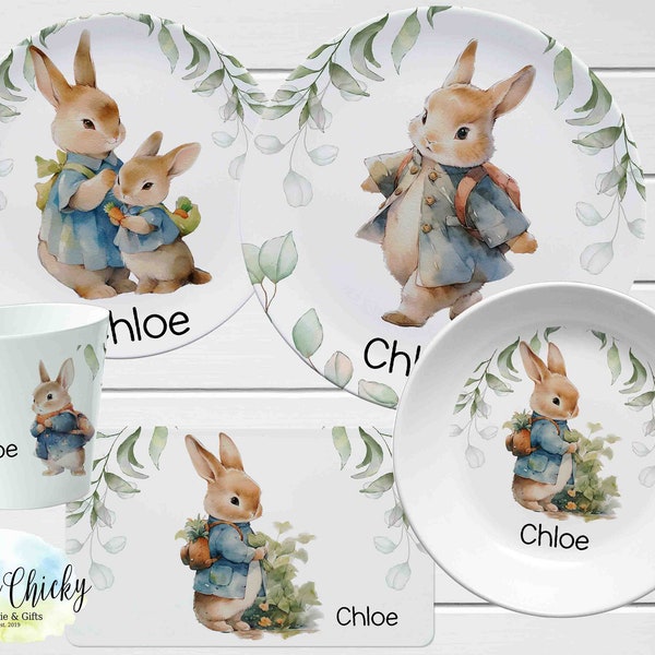 Peter Rabbit Personalized Plate Set, Cup, Bowl, Melamine Plate Set, Christmas Gift, Easter Gift, Birthday Gift, First Birthday, Baby Shower