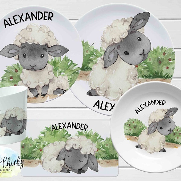 Baby Sheep Personalized Plate Set, Lamb, Cup, Bowl, Melamine Plate Set, Christmas Gift, Gift, Birthday Gift, First Birthday, Baby Shower