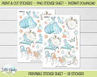 Afdrukbare stickers - aquarel Assepoester-stickers, png-bestand, stickers afdrukken en knippen, digitale download, dagboekstickers, plakboekstickers