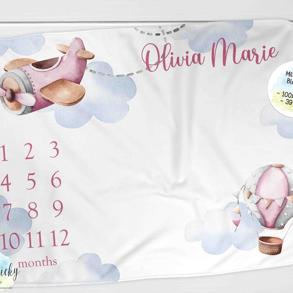 Personalisierte rosa Flugzeug & Heißluftballon Baby Meilenstein Decke, monatliche Fotodecke, Meilenstein Decke, Andenken Decke, Baby Geschenk