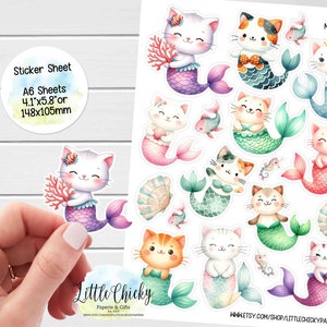 Feuille d'autocollants - Stickers sirènes chat aquarelle, Stickers agenda, Stickers album, Stickers sous la mer, Stickers carnet