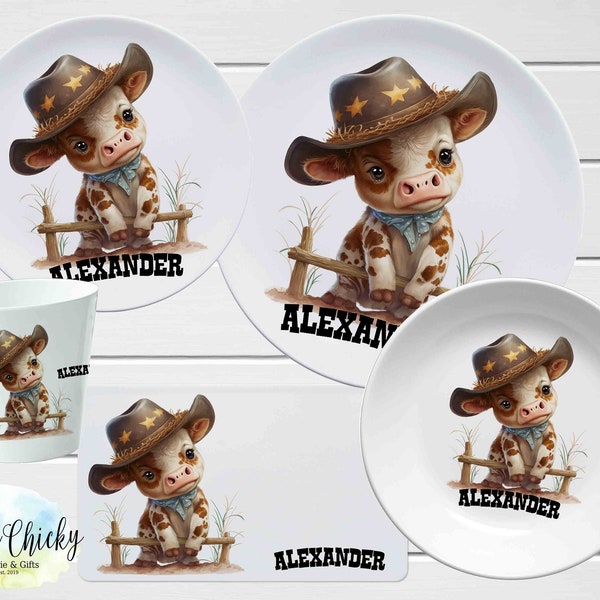 Cowboy Cow Children's Plate set, Personalized Cow Plate, Cup, Melamine Plate, Baptism Gift, Birthday Gift, First Birthday, Baby Gift