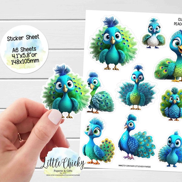 Sticker Sheet - Cute Peacock Planner Stickers, Scrapbook Stickers, Journal Sticker, Baby Stickers, Baby Peacock Stickers