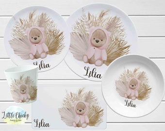 Pink Boho Bear Children's Plate set, Pink Teddy Bear Personalized Plate, Cup, Melamine Plate, Birthday Gift, First Birthday, Baby Gift