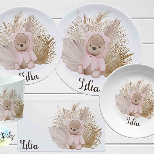 Pink Boho Bear Children's Plate set, Pink Teddy Bear Personalized Plate, Cup, Melamine Plate, Birthday Gift, First Birthday, Baby Gift