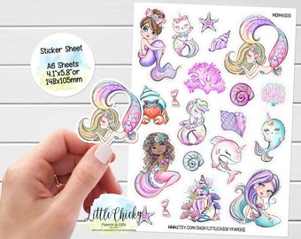 Sticker Sheet - Mermaid Stickers, Mermaid & Friends Planner Stickers, Scrapbook Stickers, Journal Stickers, Journal Stickers, Baby Stickers