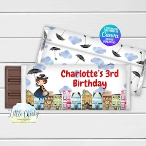 May include: Printable chocolate bar wrapper featuring a cartoon illustration of a girl with an umbrella walking in front of a row of colorful houses. The text "Charlotte's 3rd Birthday" is printed in red on a white background. The wrapper is designed to be personalized with a name and age.