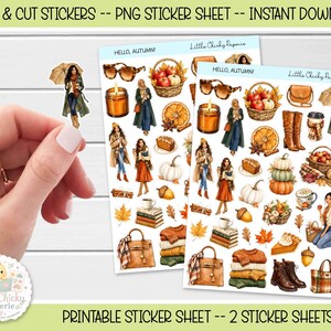 May include: Two digital sticker sheets featuring autumn-themed illustrations including people in seasonal clothing, pumpkins, baskets of apples, candles, books, sweaters, handbags, and boots. The text reads Hello, Autumn! and Little Chicky Paperie.