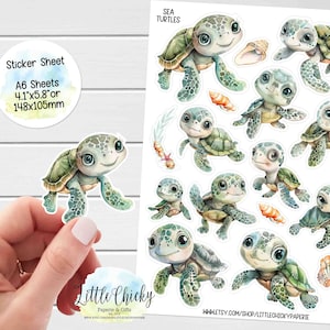 Stickervel - stickers aquarel zeeschildpadden, plannerstickers zeeschildpad, plakboekstickers, oceaanstickers, dagboekstickers