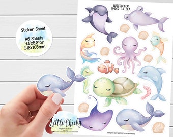 Sticker Sheet - Watercolor Under the Sea Stickers, Planner Stickers, Scrapbook Stickers, Ocean Stickers, Journal Stickers