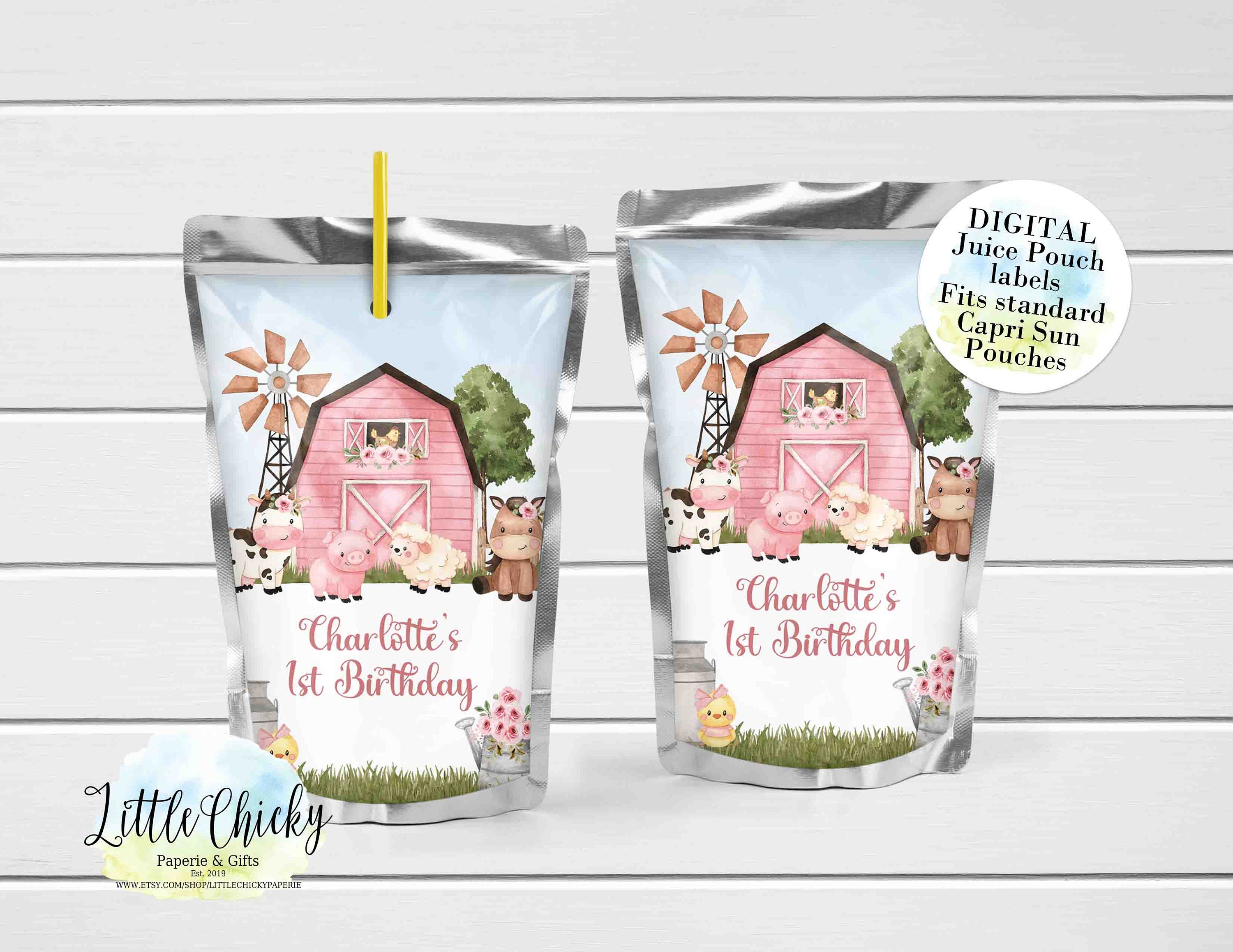 Pink Farm Birthday Juice Pouch Labels Barnyard Bash Birthday Etsy