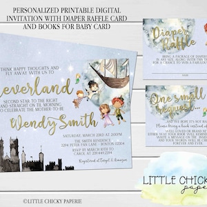 Peter Pan Baby Shower Invitation Bundle con tarjetas de sorteo de pañales y libros para tarjetas de bebé