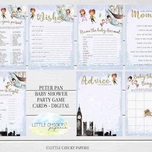 Peter Pan Baby Shower Juegos Paquete, Juegos imprimibles de baby shower, Bingo, Lo que hay en su bolso, Deseos para el bebé, Tarjetas de consejos, nombre del animal