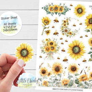 Aufkleber Bogen - Aquarell Sonnenblumen & Bienen Aufkleber, Blumen Aufkleber, Planer Aufkleber, Scrapbook Aufkleber, Journal Aufkleber
