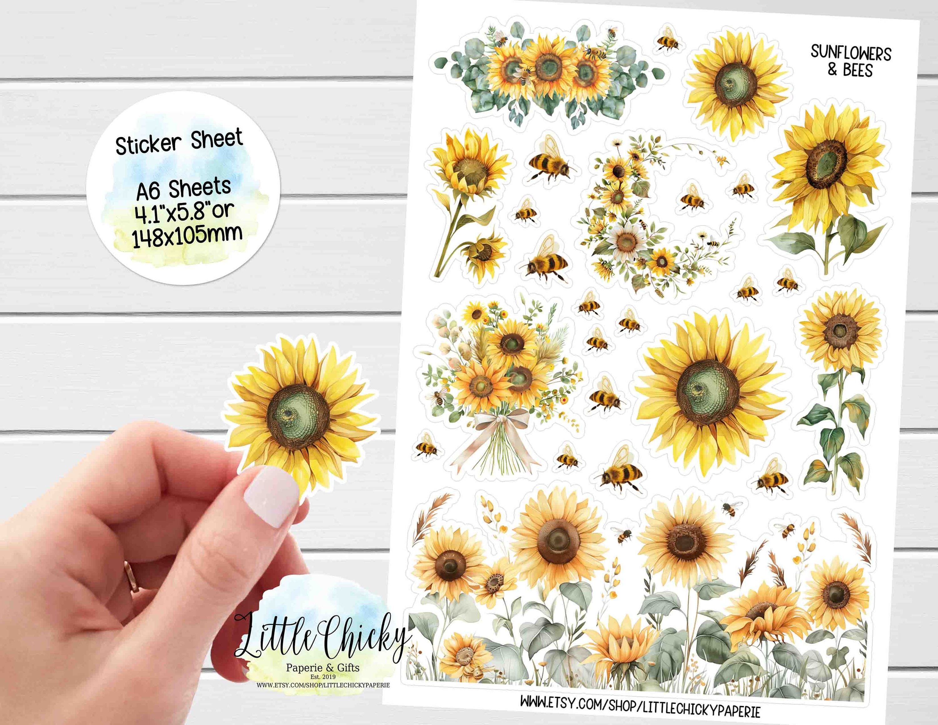 Sunflower Sticker Label Sticker Sheet - Watercolor Sunflowers & Bees Stickers, Floral Stickers ...