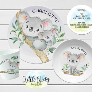 Juego de Platos Infantiles Koala, Plato Personalizado Koala Acuarela, Taza, Plato de Melamina, Regalo Cumpleaños, Primer Cumpleaños, Regalo Bebé, Niño, Niña Set TWO