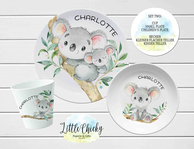 Juego de Platos Infantiles Koala, Plato Personalizado Koala Acuarela, Taza, Plato de Melamina, Regalo Cumpleaños, Primer Cumpleaños, Regalo Bebé, Niño, Niña Set TWO