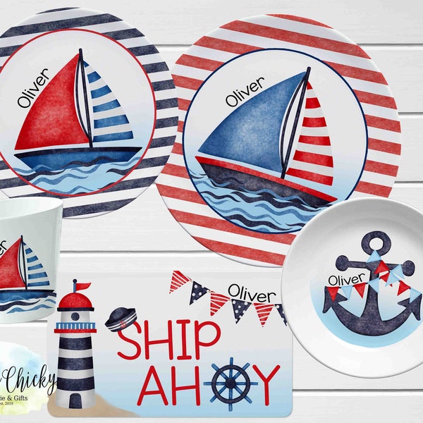 Nautical Children's Plate Set, Nautical, Sailboat, Anchor Personalized Plate, Cup, Melamine Plate, First Birthday Gift, Baptism Gift