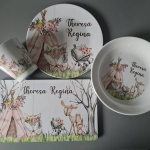 Ensemble d'assiettes pour enfants animaux des bois, assiette personnalisée animaux de la forêt rose, tasse, assiette en mélamine, cadeau d'anniversaire, premier anniversaire, cadeau de bébé image 9