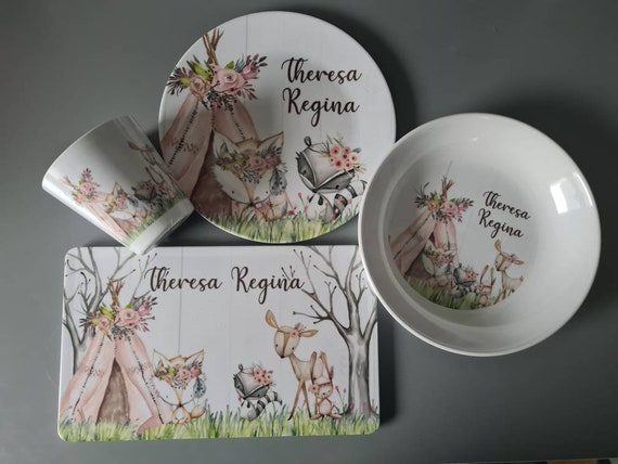 Set di piatti per bambini degli animali del bosco, piatto personalizzato  degli animali della foresta rosa, tazza, piatto in melamina, regalo di  compleanno, primo compleanno, regalo per bambini -  Italia