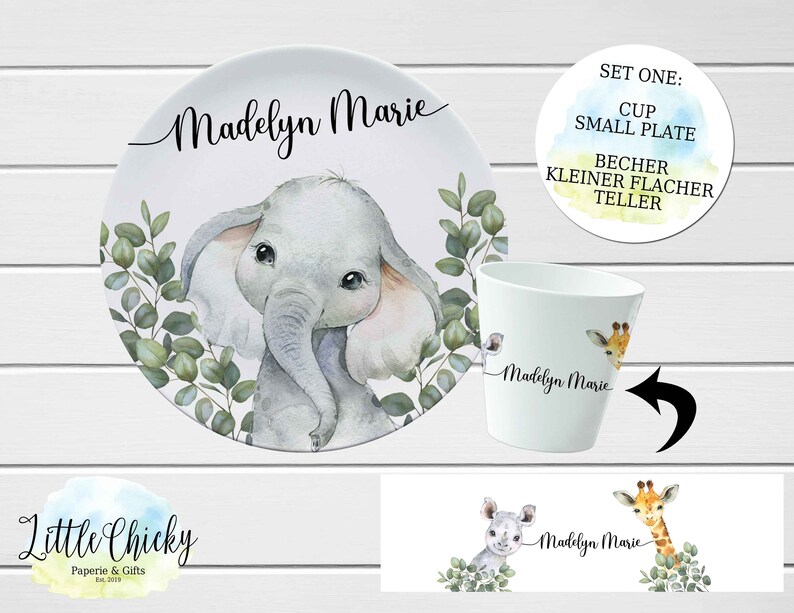 Safari Animals Children's Plate set, Jungle Animals Personalized Plate, Cup, Melamine Plate, Birthday Gift, First Birthday, Baby Gift Set ONE