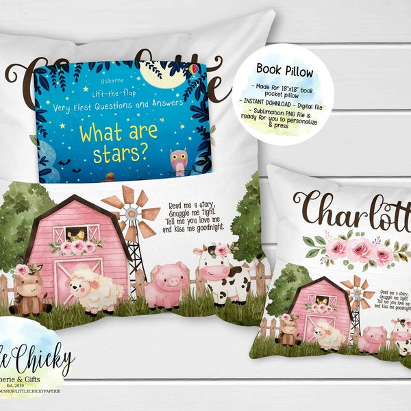 Pink Floral Farm Animals Book Pillow Digital Sublimation Design, Pink Barnyard Sublimation PNG File, Instant Download, Sublimation PNG