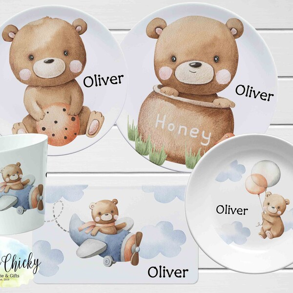 Teddy Bear Children's Plate set, Airplane Bear Personalized Plate, Cup, Melamine Plate, Birthday Gift, First Birthday, Baby Gift